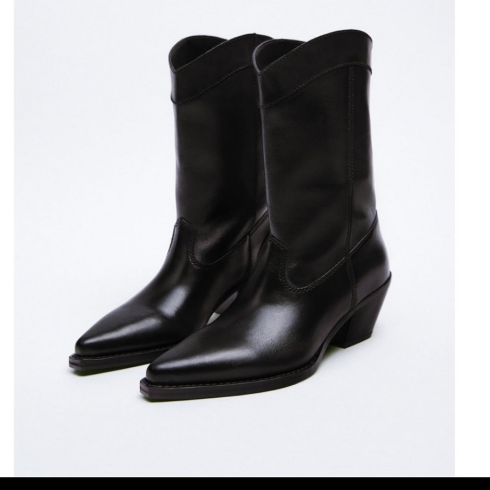Zara Black Leather Heeled Ankle Cowboy Boots NWT Size 6
